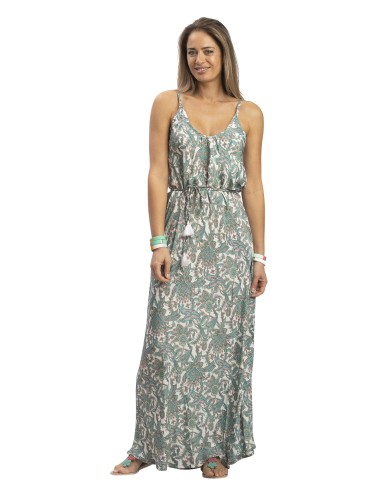 Robe longue "Indiana acqua/ vert", fines bretelles, lien taille, polyester SMLXL