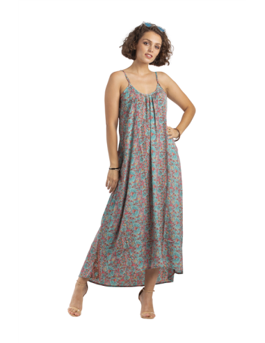 Robe longue "Turquoise Rose", col, fines bretelles, ouvert dos, polyester