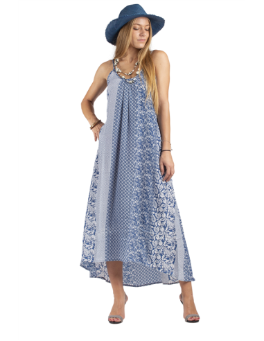 Robe longue "Blue patch", col, fines bretelles, ouvert dos, polyester