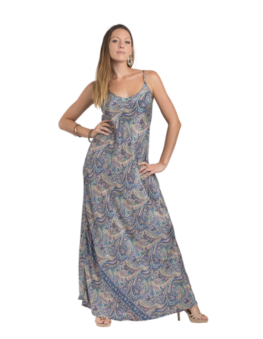 Robe longue "Myrtille" col V, bretelles fines,polyester, (M,L,XL)