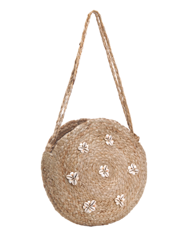 Panier rond jute naturel, deco coquillages, anse longue, magnet (D:35cm)