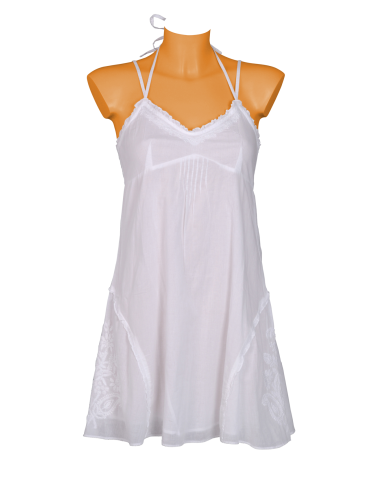 Robe coton blanche courte, plis et broderie, bretelles doubles SMLXL