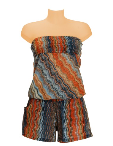 Combi-short crêpe, zig zag Orange/Bleu, smockés poitrine/taille, 2 poches MLXL