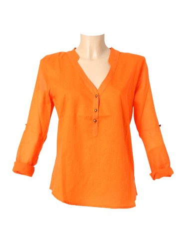 Tunique courte orange, col V, boutons bronze, manches longues (M-L-XL)