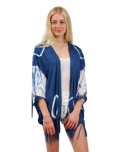 Veste Batik Bleu/Ecru, base frangée, viscose, TU