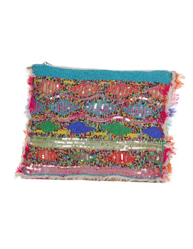 Grande pochette viscose "Vagues" Multi, perles brodées, franges, zip, poche int.