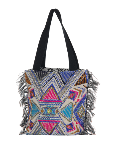 Sac carré viscose Ecru/Noir ethnique, perles argent/fuschia/bleu brodées,franges