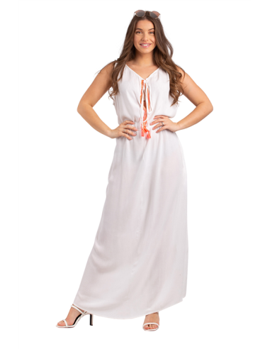 Robe longue Blanche, col déco fuschia/or, liens dos, rayonne, SM/LXL