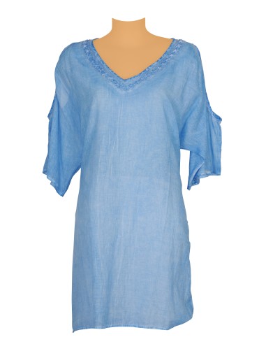 Kaftan Ciel washed, col V brodé, découpe épaules, coton (TU)