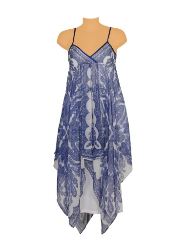 Robe foulard Bleu/Ecru, base en pointes, doublée, polychiffon (SMLXL)