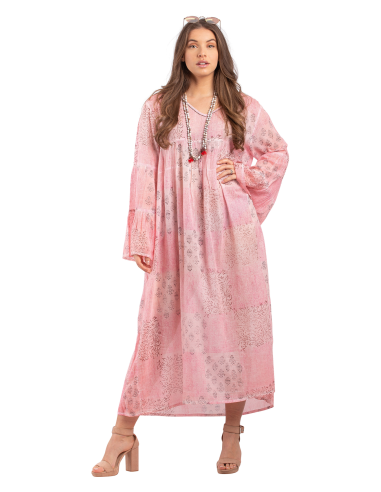 Robe longue Rose imprimée, col V perlé, manches volantées, coton, SMLXL