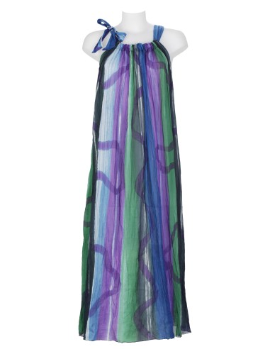 Robe longue coton Tie & Dye Violet/Vert, col froncé, lien épauleTU