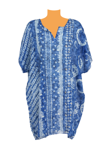 Kaftan Tie & Dye Bleu Ciel, déco perles et surpiqures, coton TU