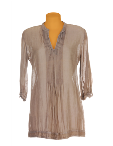 Tunique coton soie Taupe, plis, base et manches galons (S- M- L- XL)