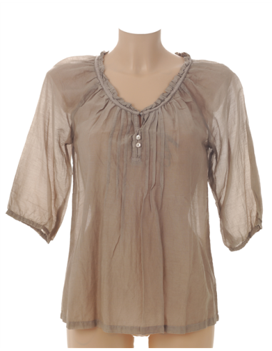 Top coton soie Taupe, manches 3/4, col froncé, lien (S- M- L- XL)