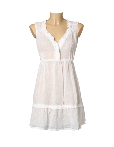 Robe voile lin blanche, col coeur bordé froufrou et boutons, M L XL