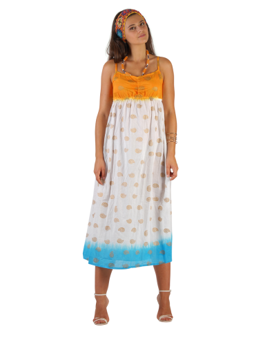 Robe longue coton Coquillages Or, TieDye Orange/Turquoise, froncée, MLXL