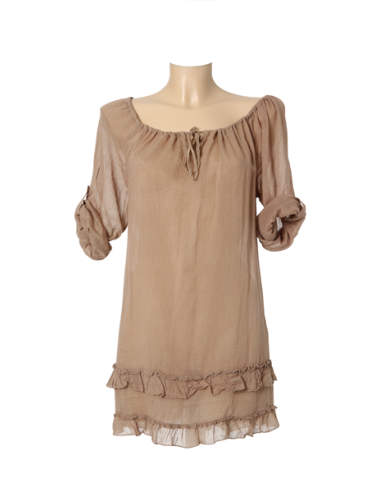 Robe voile coton taupe, col froncé lien, 2 volants bas, M L XL