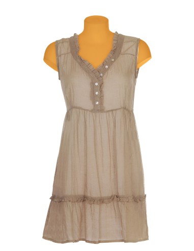 Robe voile coton taupe, col coeur bordé froufrou et boutons, M L XL