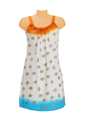 Robe coton Coquillages Or, col froncé, sans manches,TieDye Orange/Turquoise,MLXL