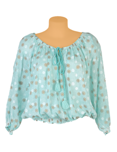 Blouse aqua/or, col, base et manches froncés, liens, coton (S,M,L,XL)