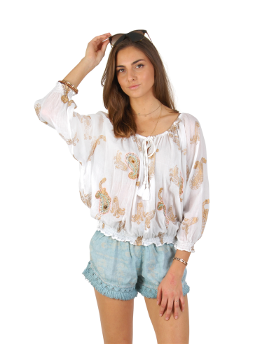 Blouse blanc/or, perlée, col, base et manches froncés, liens, coton (S,M,L,XL)