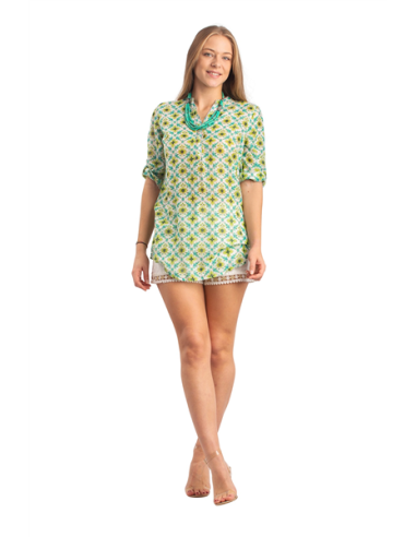 Tunique "Lotus vert", col mao, surpiqures, 3 boutons, coton (S,M,L,XL)