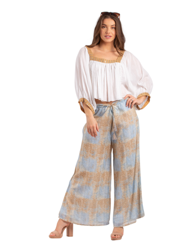 Pantalon ample vagues ciel/sable, doublé, liens, coton (S,M,L,XL)