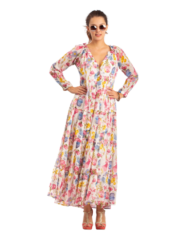 Robe longue "Floral" volants,doublée,coton (SMLXL)