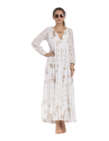 Robe longue Blanc/or, 2 imprimés, volants, doublée, coton (S,M,L,XL)