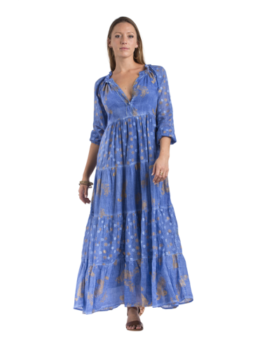 Robe longue Bleu roi/or, 2 imprimés, volants, doublée, coton (S,M,L,XL)