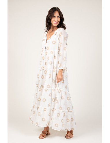 Robe longue "Rosaces Gold & Blanc"volants,doublée,coton (SMLXL)