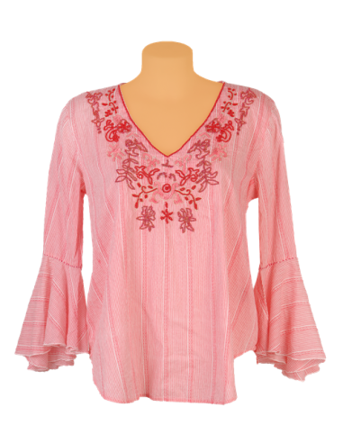 Tunique rayée  rose, déco perles, manches évasées, coton (S,M,L,XL)