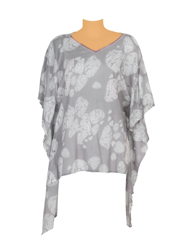 Kaftan courte Papillons Gris Blanc, col brodé perles, coton, TU