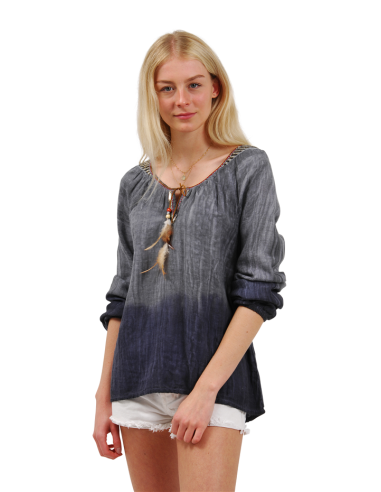 Tunique coton gris/bleu, manches longue, col sequin + plumes (S/M-L/XL)