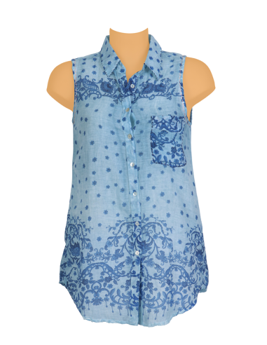 Chemisier Bleu imp fleurs bleues,sans mche,boutonné,col chemise & poches surpiq