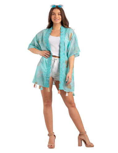 Kimono Corail/Turquoise/Or, bord dentelle, base pompons, coton,TU