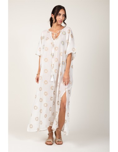 Kaftan L "Rosaces Gold & White"col ouvert liens,pompons,perles,surpiq,cot (TU)