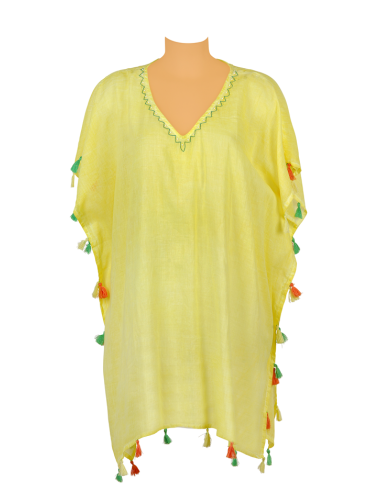 Kaftan Citron Tie&Dye, col V brodé, déco pompons côtés et base, coton, TU