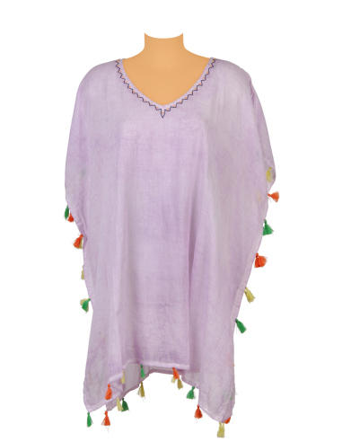 Kaftan Lilas Tie&Dye, col V brodé, déco pompons côtés et base, coton, TU