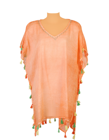 Kaftan Orange Tie&Dye, col V brodé, déco pompons côtés et base, coton, TU