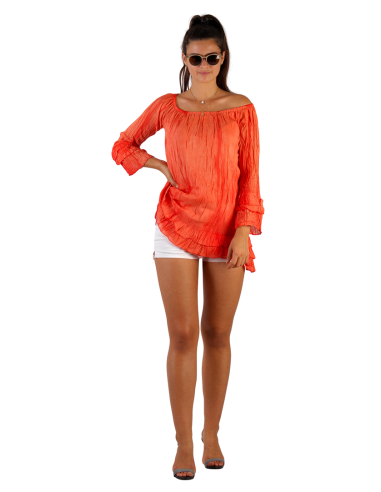 Robe coton tie&dye Orange, col bateau, volants manches et bas