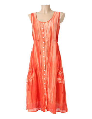 Robe coton tie&dye Orange, boutonnée, 2 poches, sans manches