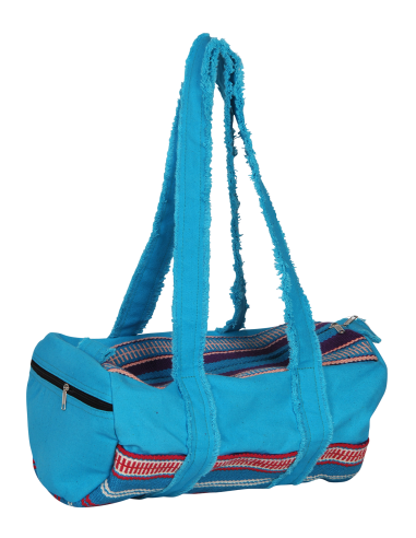 Sac coton bowling Turquoise, bandes rayées, zip bleu foncé, 2 anses longues