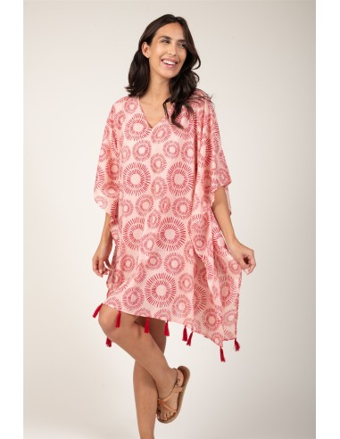 Kaftan "Soleils Carmin"col V,pompons,coton TU