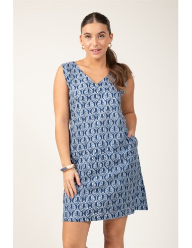 Robe droite "Vagues Navy"col V,sans manches,2 poches,viscose (SMLXL)