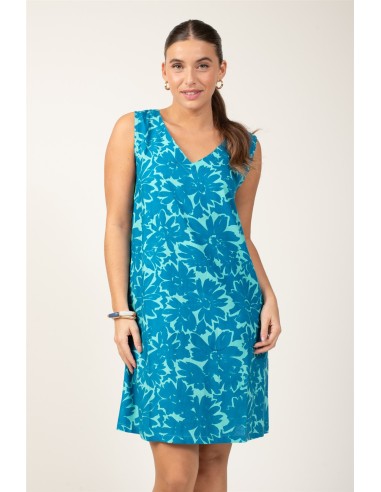 Robe droite "Flowers Acqua"col V,sans manches,2 poches,viscose (SMLXL)