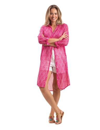 Chemise longue "Esther Fuschia sombrero",2poches,boutonnée,base droite,cot SMLXL