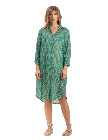 Chemise longue "Esther Vert Cactus", 2 poches, boutonnée, base droite, cot SMLXL