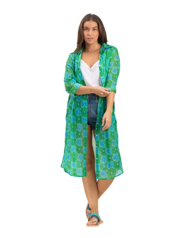 Chemise longue "Fleur Vert Guacamole",2 poches,boutonnée,base droite,coton SMLXL